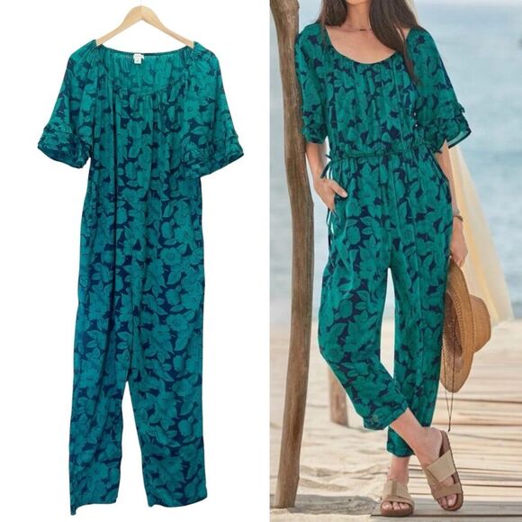 Sundance Grand Bays Jumpsuit Blue Teal Floral Cotton Voile Wide Leg Size Small - Picture 1 of 13